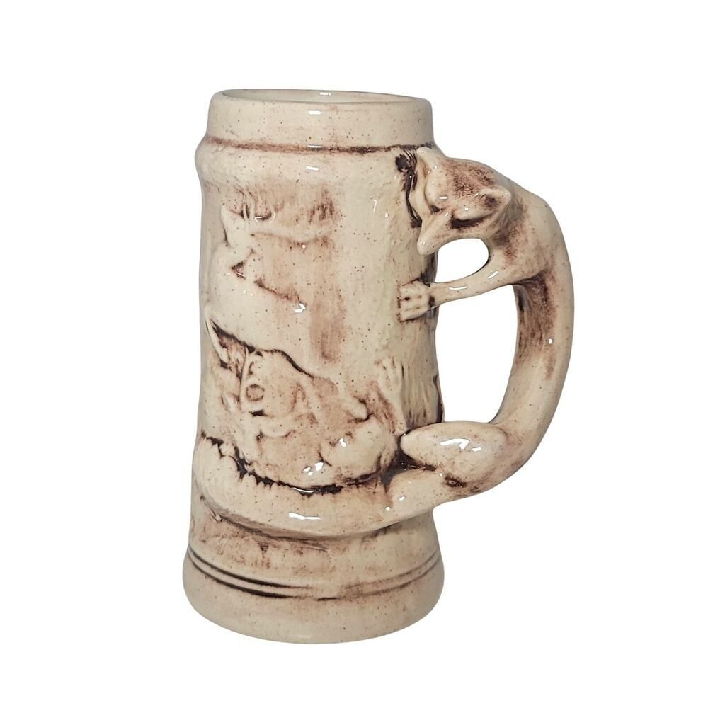 Vintage LargeβCeramic Mug Stein With 3D Deer And Fox Handle Signed JES 6.5" Tall